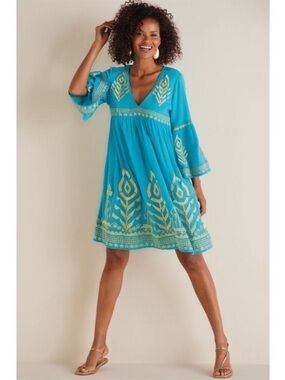 Soft Surroundings Zaneta Turquoise & Gold Embroidered 3/4 Sleeve Dress 3X